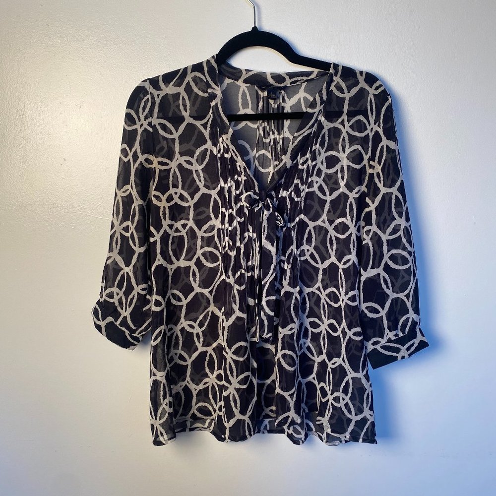 Vintage Sheer Flowy Patterned Blouse with Bow, S/M